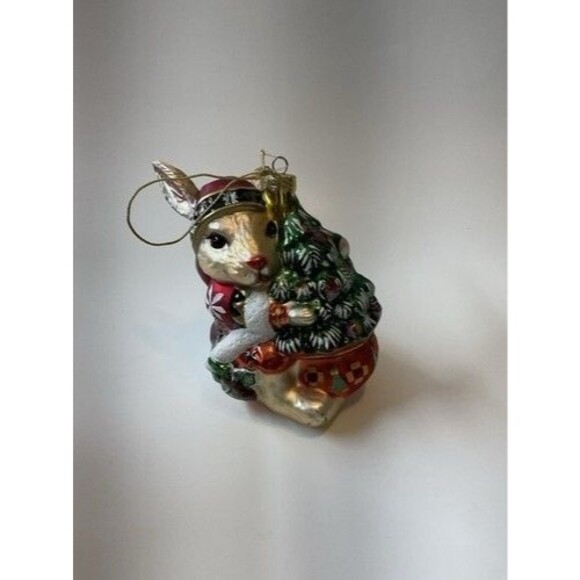 VTG Fitz and Floyd Blown Glass Ornament Lodge Rabbit Hugging Christmas Tree 4.5" - Picture 7 of 9